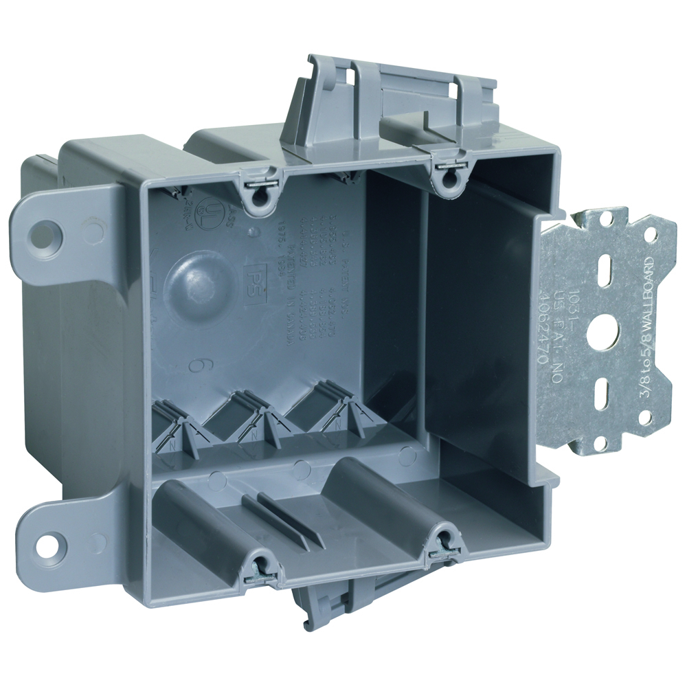 Double Gang, Wood and Steel Stud Bracket Box with Quick/Click, 3/8 offset for wood and steel stud mounting. Four Auto/Clamps on each end. For use with 3/8 to 5/8 wallboard. 50 pack.