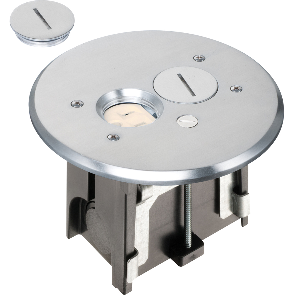 Round Metallic adjustable floor box. Nickel with threaded plugs. Includes tamper resistant duplex receptacle, cover plate with gasket and Arlington NM94 connector and Arlington NM900 knockout plug.