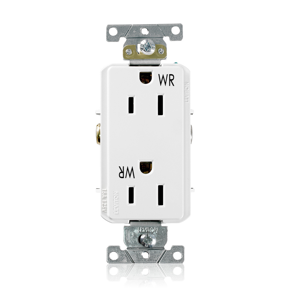 15 Amp, 125 Volt, NEMA 5-15R, 2P, 3W,Decora Plus DuplexReceptacle, Straight Blade, Fed Spec, Heavy Duty Industrial Specification Grade, Weather-Resistant, Tamper-Resistant, Self-Grounding, Back & Side Wired, Steel Strap  WHITE
