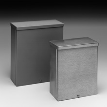 Type 3/3R junction boxes, 24" height, 4" length, 24" width, NEMA 3R, Screw cover, RTSC NK enclosure, Surface mounted, Medium single door, No knockout, Embossed thru holes, Carbon steel