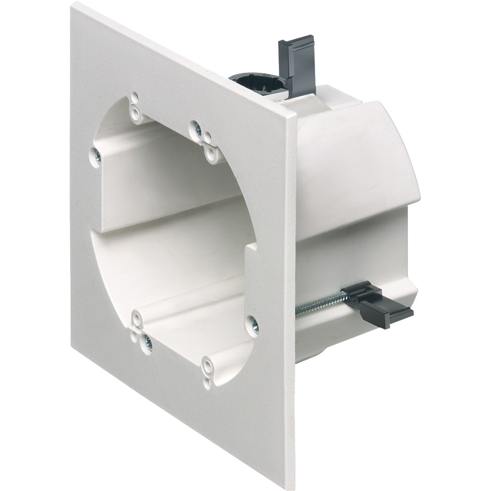 One piece two gang retrofit non-metallic box. installs with a 4-1/2" diameter hole saw. Adjusts to fit 3/4" to 1-1/2" wall thicknesses. 18.0 cu. in. Textured paintable front surface. 2 hour Fire Rating.