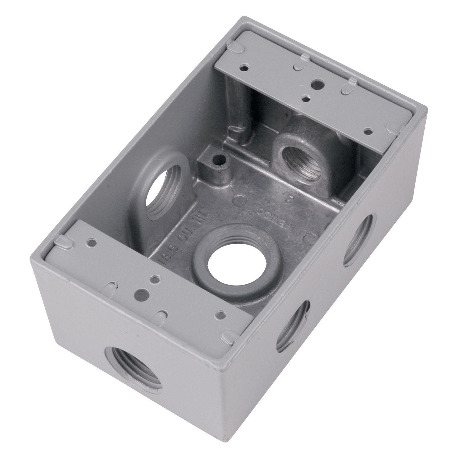 Single Gang Universal Weatherproof Box, 17.5 Cubic Inches, Hub Size 1/2 Inch, Silver, Aluminum, 6 Outlets (2-Sides) with 1 on Top, Bottom, 1 on One Side and 2 on Other Side, and Back