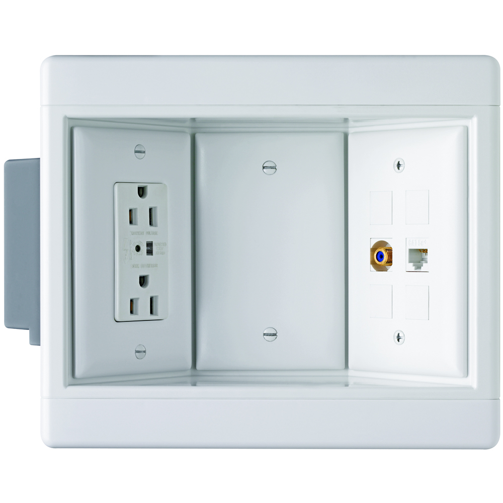 Ideal for flat screen TVs, home office, kitchen counter tops, and behind furniture to allow snug-to-wall placement. ThreeGang Recessed TV Box with TVSS and Low-Voltage Kit. Includes TVSS Duplex Receptacle, Cat5e Jack, F-Connector, Blanks and Wall Plates.