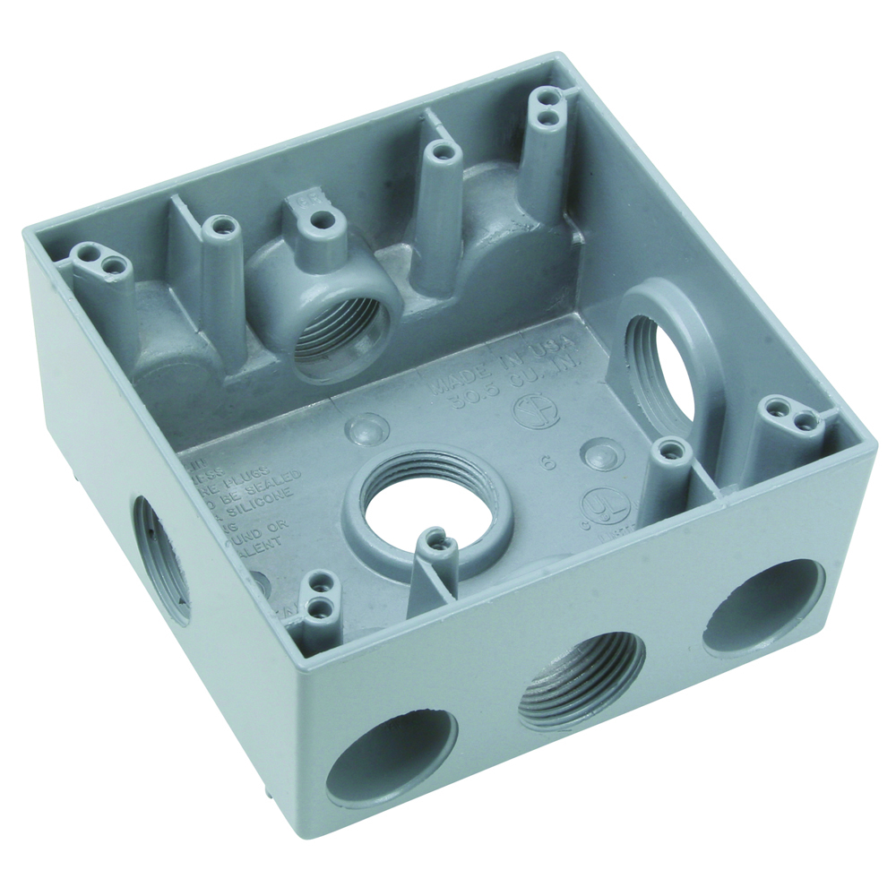 Weatherproof 2 Gang Box, 5 hole 3/4, 30.5 Cu.In.,Gray (1 Hole Each End, 1 Hole Each Side, 1 Hole in Back)