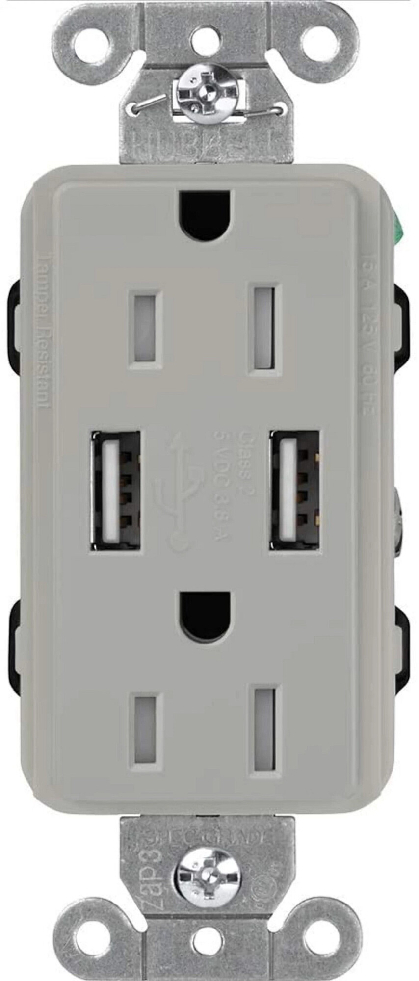 Lutron Claro USB Type A 2.0 Duplex Receptacle, 15 Amp, Gray