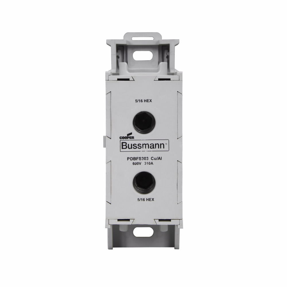 Eaton Bussmann series PDBFS power distribution block, IP-20 Finger-safe, 600 Vac, 600 Vdc, 310A, Power distribution block, SCCR: 200 kA, DIN rail, panel, Tin-plated aluminum connectors