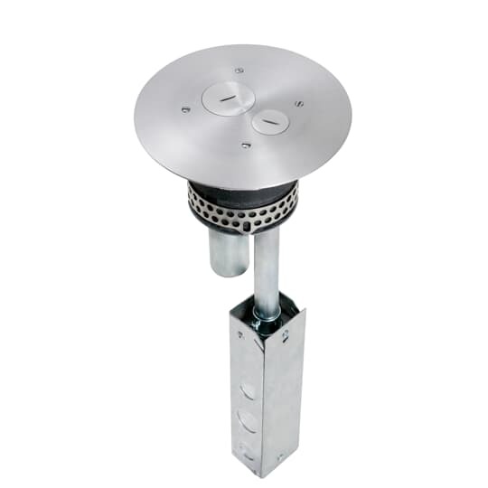 Poke-Through Furniture Feed Base Unit, 4 Inch Drill Size, 18 Inch Length, Hub Size 3/4 Inch and 1-1/4 Inch, Galvanized Steel, with Brushed Aluminum Cover with 7-1/4 Inch Diameter