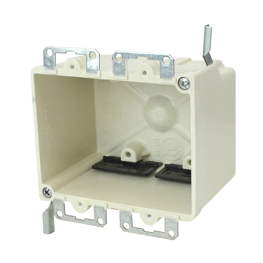 2-Gang Switch/Outlet Box; Metal ears, Speed "K" nonmetallic clamps, Wing bracket, 2-3/4 Inch Depth, Thermoset-Fiberglass Reinforced Polyester, 28 Cubic-Inch, Beige/Tan