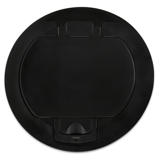 Flush Cover, Solid Aluminum with Black Powder Coated Finish, 1000 Pound Load Limit, For Flush Service Round Floor Box, 140 Cubic Inches, Opening Diameter 5-31/32 Inches, Base Diameter 8-1/8 Inches, Depth 6 Inches, 1 Inch and 1-1/2 Inch Conduit Hubs, Non-Metallic, Minimum Concrete Depth Flush 4 Inches Furniture Feed 3-1/2 Inches