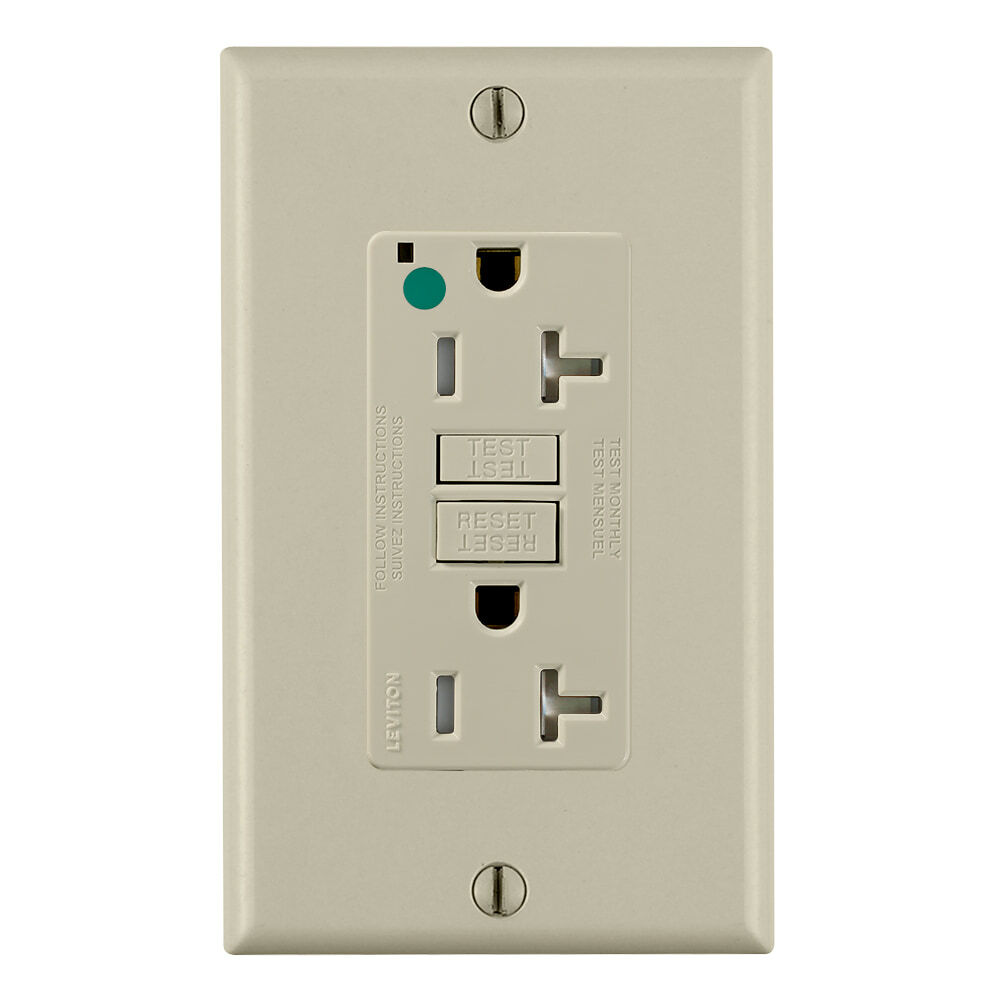 20 Amp, 125 Volt, SmartlockPro Slim Self-Test GFCI Receptacle, Extra-Heavy Duty Hospital Grade, Tamper-Resistant, NEMA 5-20R, 20A Feed-Through, 2P, 3W, Matching Wallplate Included - IVORY