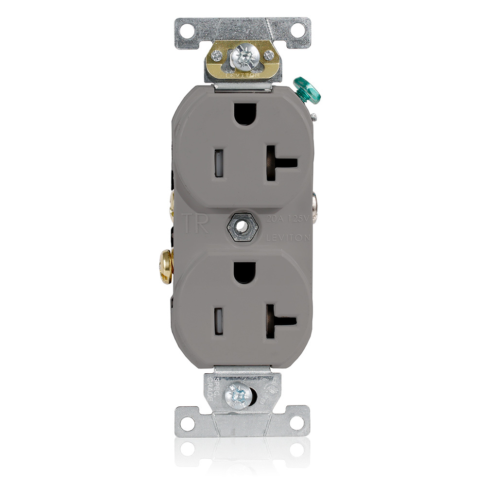 20 Amp, 125 Volt, NEMA 5-20R, 2P, 3W, Tamper Resistant, Narrow Body Duplex Receptacle, Straight Blade, Commercial Grade, Self Grounding, , Back & Side Wired, Steel Strap - GRAY
