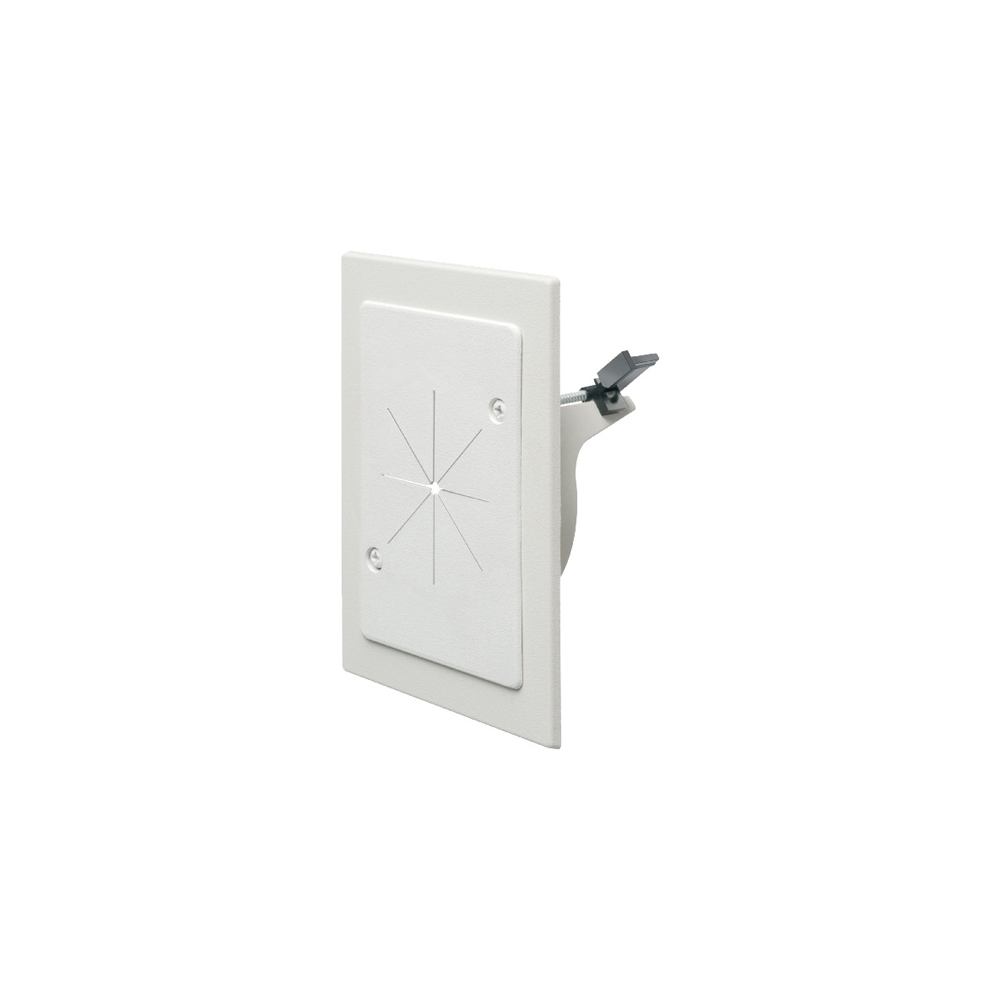Cable entry bracket with slotted cover. White. Installs with 3-1/2 hole saw. Fits wall thicknesses from 1/4" to 1-1/2".