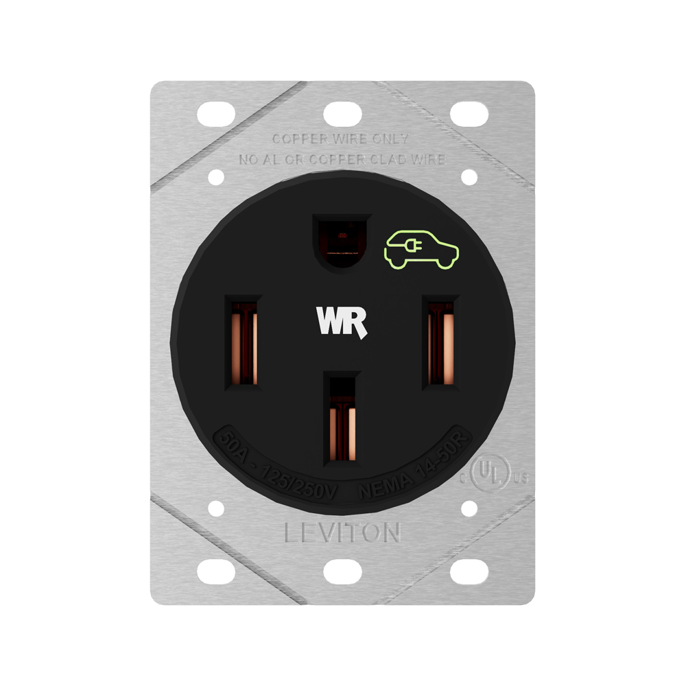 50 Amp, 125/250 Volt, NEMA 14-50R, 3-Pole, 4-Wire, Heavy Duty Flush Mount EV Charging Receptacle/Outlet, Straight Blade, Industrial Grade, Weather-Resistant, Grounding, Side Wired, Steel Strap - Black