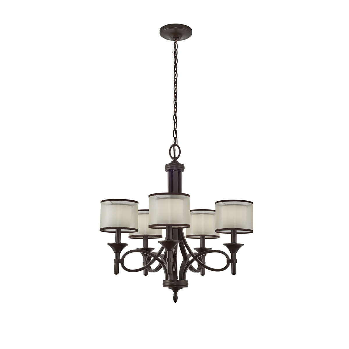 The Lacey(TM) 26in; 5 light chandelier features a classic look with its Venetian detail of curves in Mission Bronze finish and satin etched cased opal inner diffusers and light umber translucent organza outer shade. The Lacey chandelier is perfect in several aesthetic environments, including transitional and traditional.
