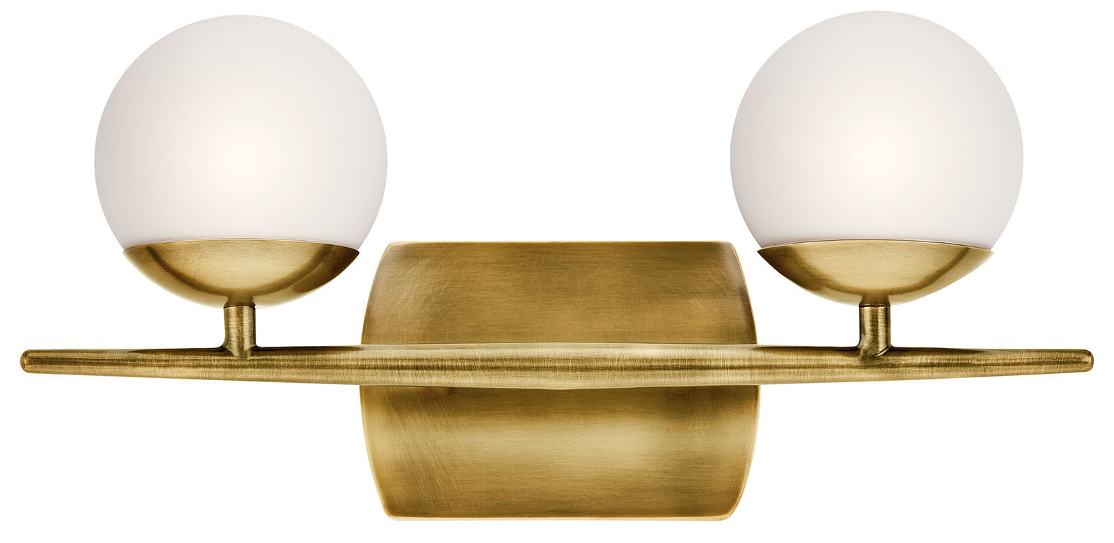 The Jasper 16.5in; 2 light halogen vanity light features Satin Etched Cased Opal Glass globe lighting paired with a tapered Natural Brass bar to create the ultimate Mid Century vanity light. The Jasper halogen vanity light works well in bathroom or powder room settings.