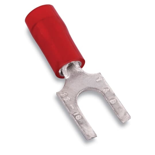 Nylon Insulated Fork Terminal with Flanged Tongue, Length .89 Inches, Width .31 Inches, Maximum Insulation .136, Bolt Hole #8, Wire Range #22-#16 AWG, Color Red, Copper, Tin Plated, 100 Pack