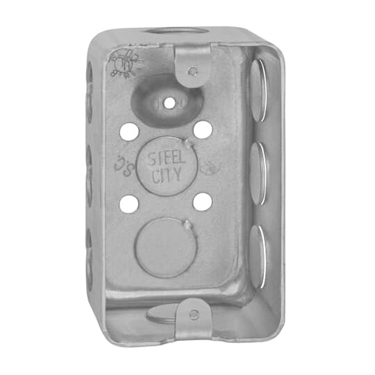 Single Gang Utility Box, 18.8 Cubic Inches, 4-1/8 Inches Long x 2-1/2 Inch Wide x 2-3/16 Inch Deep, 1/2 Inch Knockouts, Pre-Galvanized Steel, Drawn Construction, Factory-Provided Raised Ground Screw Location, For use with Conduit