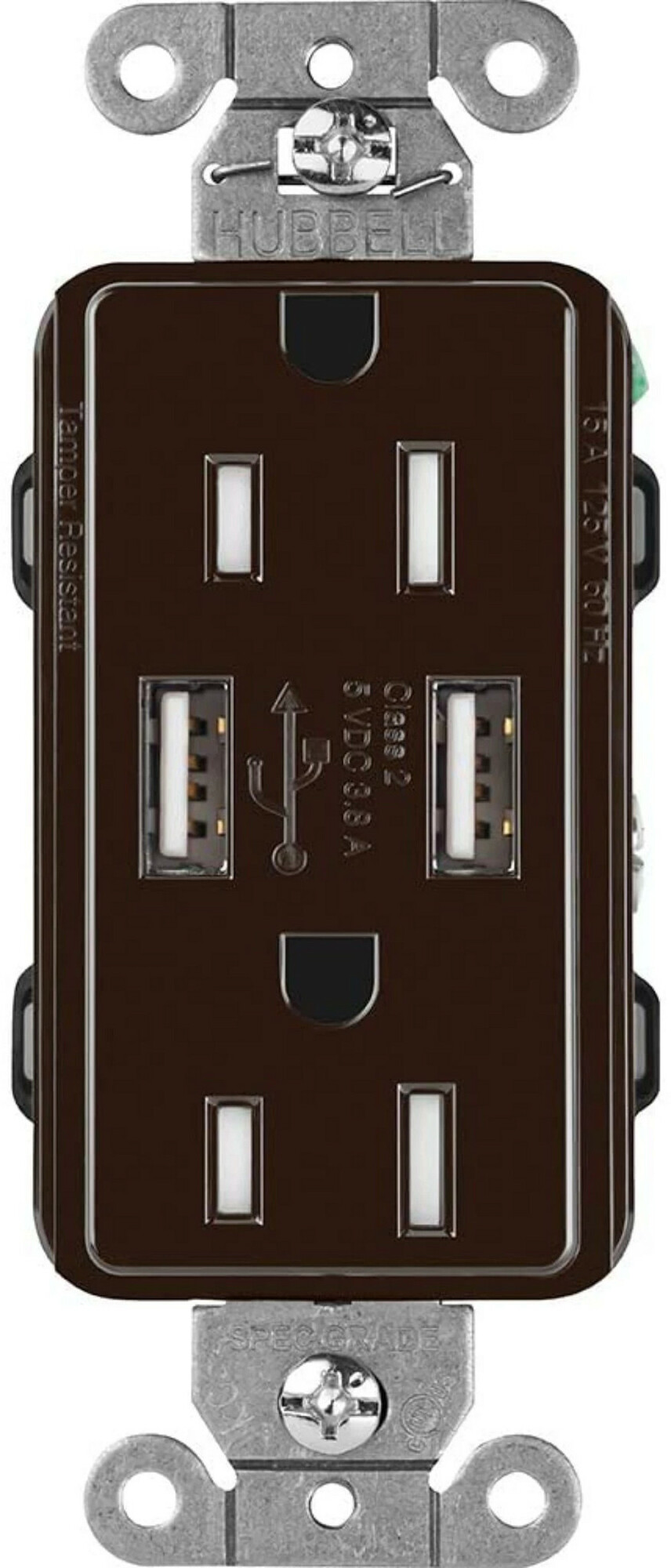 Lutron Claro USB Type A 2.0 Duplex Receptacle, 15 Amp, Brown
