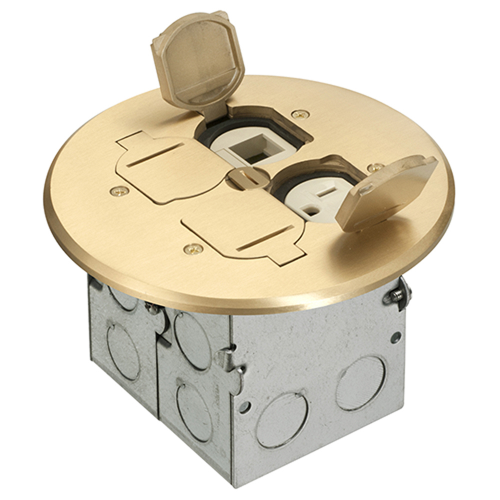 A combination floor box kit with installed low voltage divider. Includes four flip lids and gasket, One low voltage device and one 110v receptacle. Round Brass Cover.