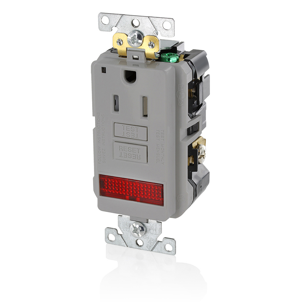 15 Amp, 125 Volt, SmartlockPro Single Self-Test GFCI Receptacle with LED Pilot Light, NEMA 5-15R, 2P, 3W, Extra-Heavy Duty Industrial Grade, Tamper-Resistant, 20A Feed-Through, Back or Side Wired - GRAY