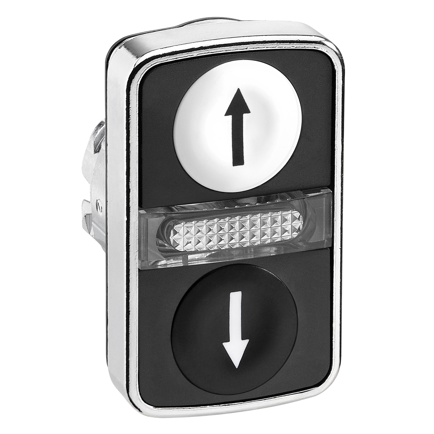 Illuminated double headed push button head, Harmony XB4, metal, 22mm, 1 white flush UP ARROW + 1 pilot light + 1 black flush DOWN ARROW