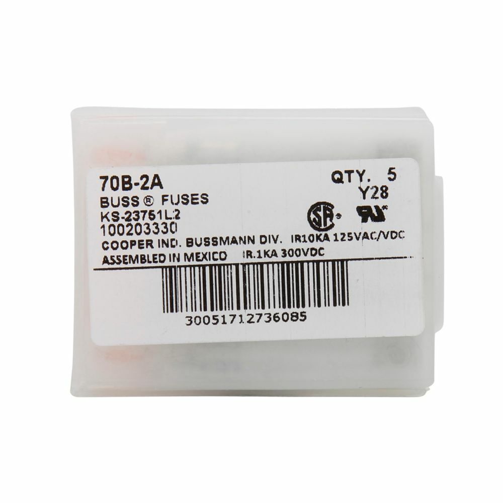 Eaton Bussmann series 70 Series telecommunication fuse, Color code Green/Black, 125 Vac, 300 Vdc, 5A, 1 kAIC at 300 Vdc, Non Indicating, Ferrule end X ferrule end