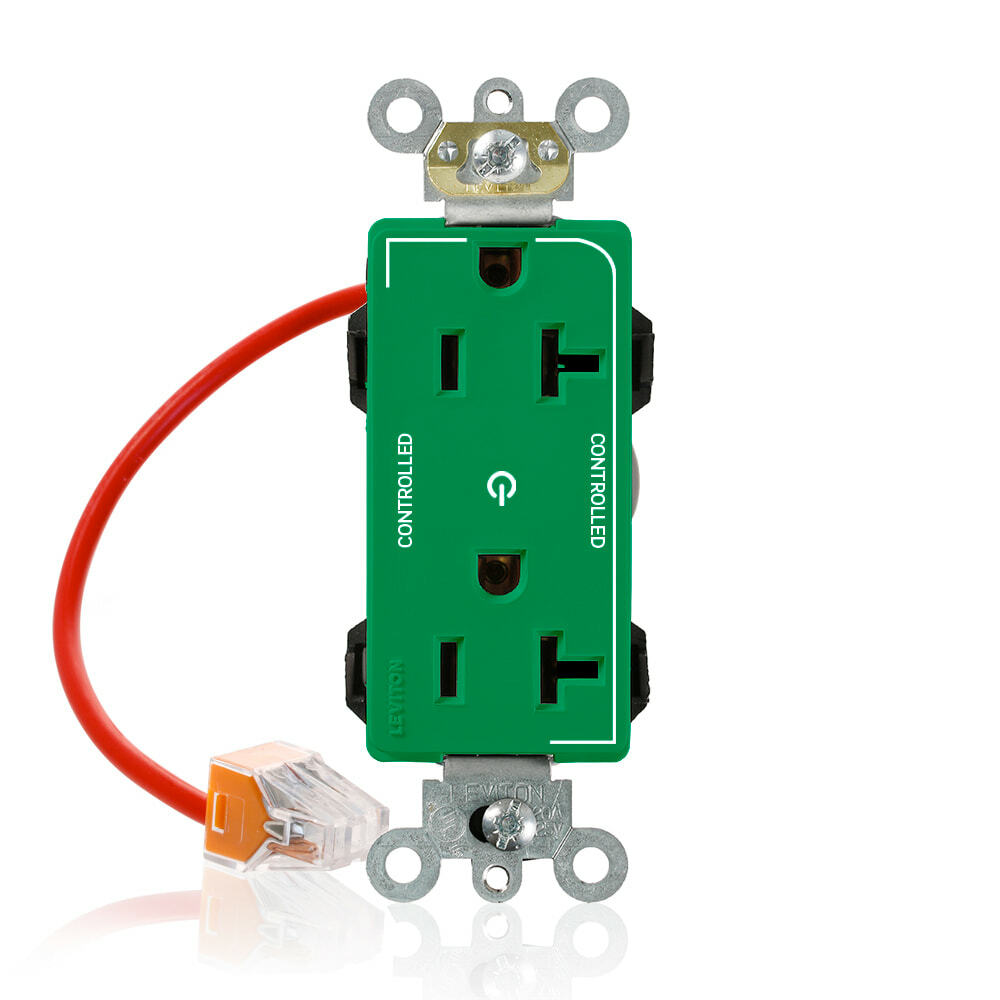 Modular Decora Plus Receptacle Narrow Body Design, Fed Spec Grade, 2-Pole 3-Wire, NEMA 5-20R, 20A-125V, Commercial Spec Grade, Green, 2 Plug Controlled Markings.