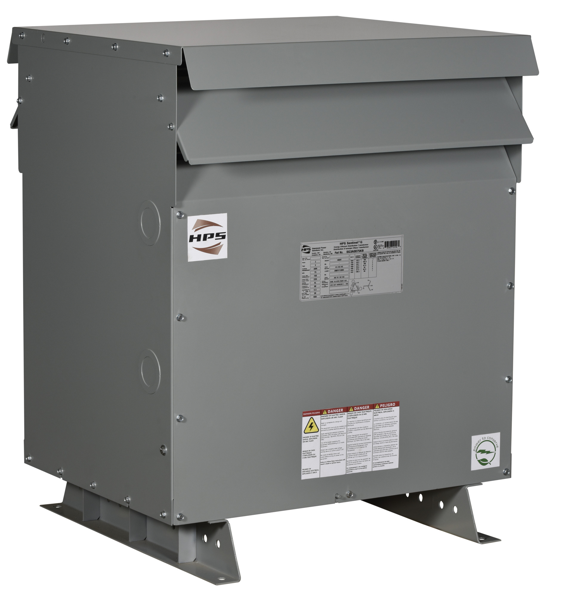600V Class Three Phase DOE2016 and NRCan 2019 Compliant Energy Efficient Distribution Transformer, 480D PV, 208Y/120 SV, 75 kVA, 3PH, Aluminum Wound
