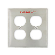 2-Gang Duplex Device Receptacle Wallplate, Device Mount, Engraved Emergency, Stainless Steel