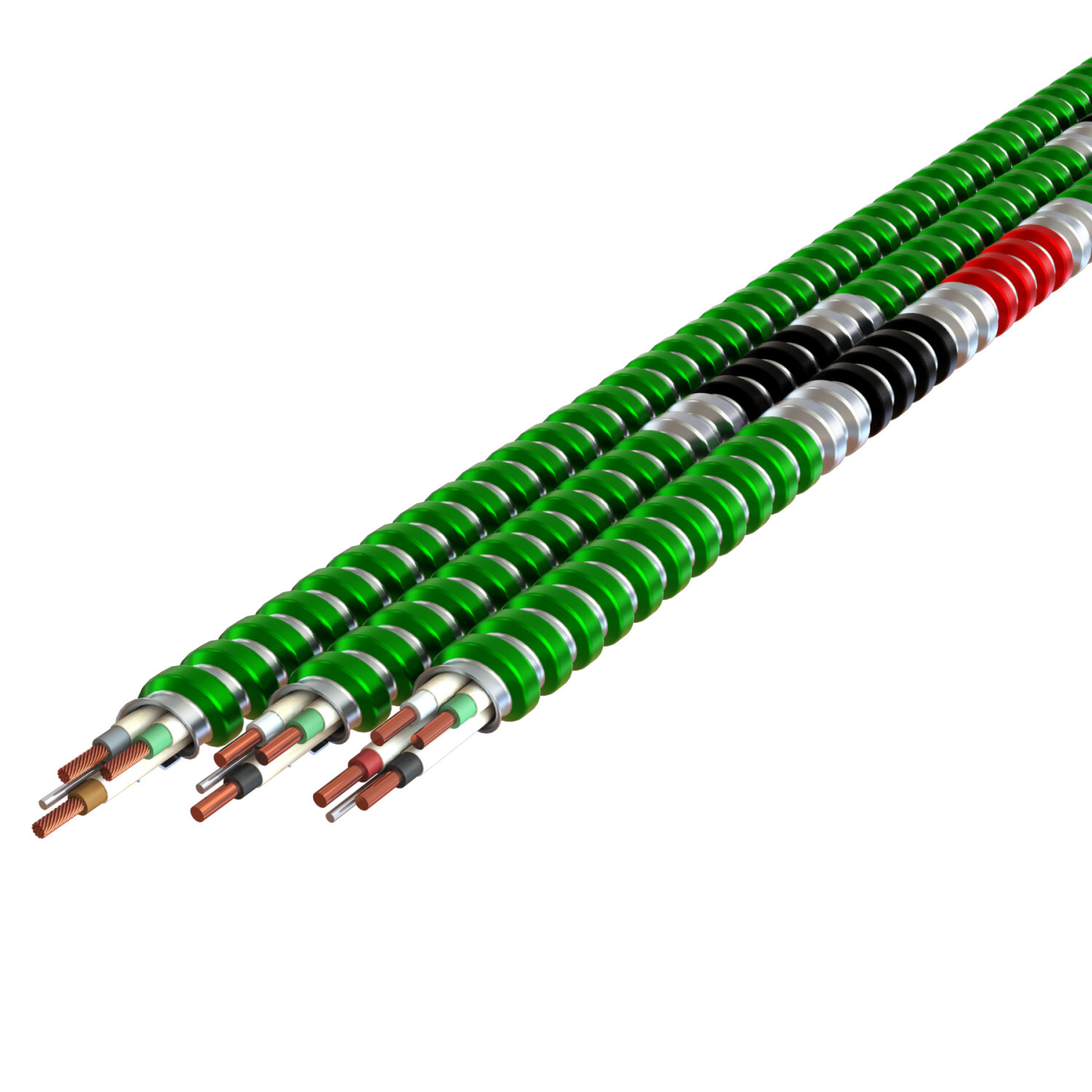 10-3 Solid Black, Red, White, Green - HCF-Lite Green Interlocked Aluminum Armor w/Phase ID - Type AC - Health Care Facilities - 250' Coil