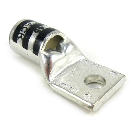 Copper One-Hole Lug, Standard  Barrel, Peep Hole, Max 35kV, Wire Size 2/0 AWG, 5/8 Inch Bolt Size, 5/8 Inch Hole Spacing, Tin Plated, Die Color Code Black, Die Code 45