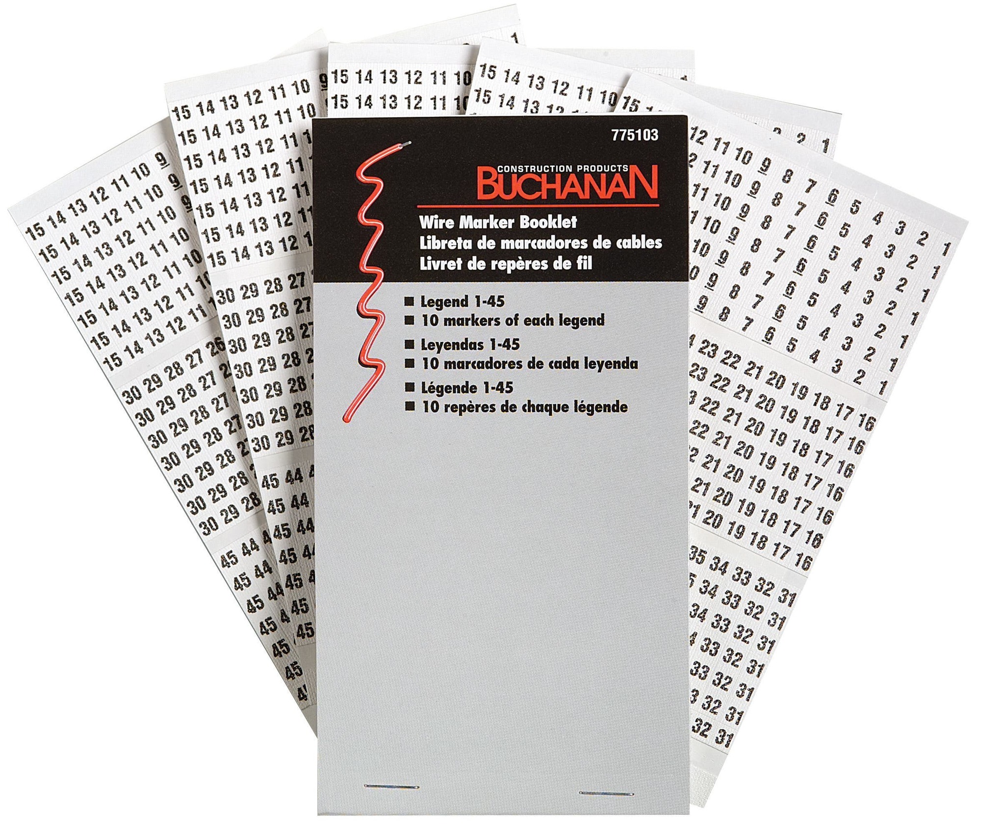 Buchanan, Wire Marker Booklet, Size: 1/4 X 1-1/2 IN Marker, Legend: 1-45, Markers Per Page: 10, Number Of Pages: 10/Booklet, Legend Color: Non-Smear Black, Includes: 450 Wire Markers And 450 Terminal Markers