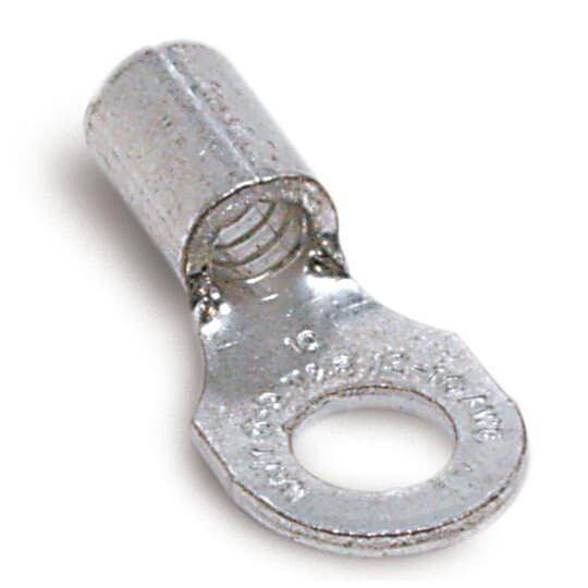 Non-Insulated Ring Terminal, Length .82 Inches, Width .31 Inches, Bolt Hole #6, Wire Range #12-#10 AWG, Copper, Tin Plated