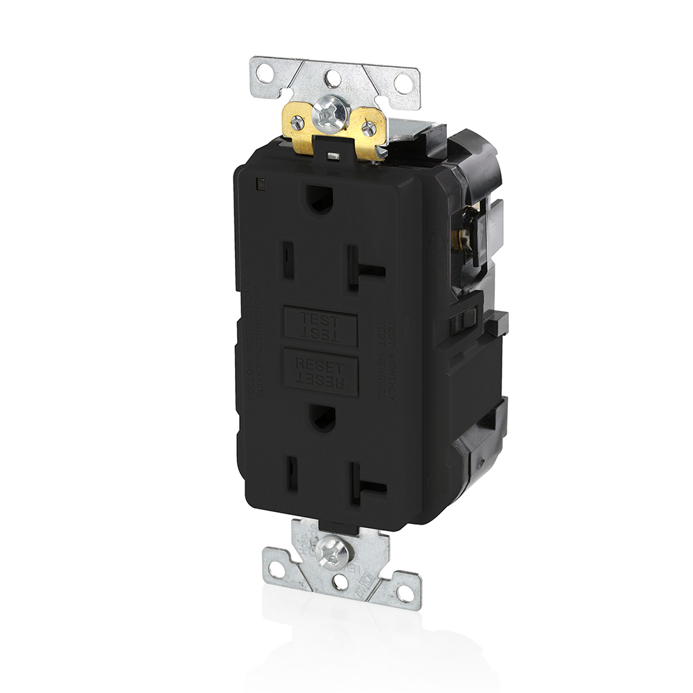 20 Amp, 125 Volt, SmartlockPro Slim Lev-Lok GFCI Self-Test Receptacle, Extra-Heavy Duty Industrial Grade, 20A Feed-Through,NEMA 5-20R, 2P, 3W, Modular Terminals  BLACK