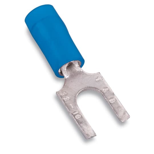 Nylon Insulated Fork Terminal with Flanged Tongue, Length .74 Inches, Width .28 Inches, Maximum Insulation .162, Bolt Hole #6, Wire Range #18-#14 AWG, Color Blue, Copper, Tin Plated, 1,000 Pack