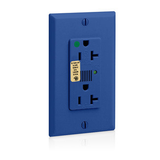 20 Amp, 125 Volt, NEMA 5-20R, 2P, 3W, Decora Plus Duplex Receptacle, Straight Blade, Hospital Grade, Self Grounding, Surge w/ Indicator Light & Audible Alarm, Back & Side Wired, Steel Strap, - Blue