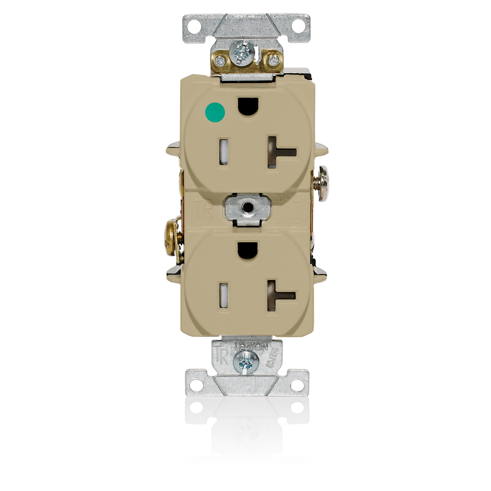 Duplex Receptacle, Tamper-resistant, Hospital Grade, 2-Pole 3-Wire Grounding, NEMA 5-20R, 20A-125V, Flat Face, Back And Side Wired, Ivory. 1-piece Ground-Contractor Pack