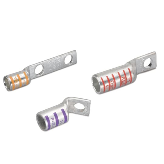 Copper One-Hole Lug, Standard Barrel Narrow Tongue, Peep Hole, Max 35kV, Wire Size 3/0 AWG, 1/4 Inch Bolt Size, Tin Plated, Die Code 50, Die Color Code Orange