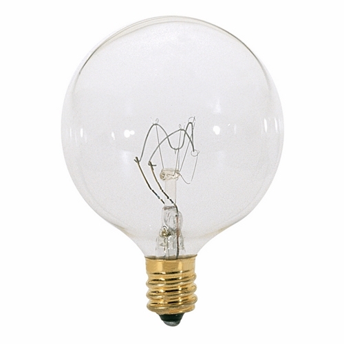 Incandescent Globe Lamp, Designation: 25G16 1/2, 120 V, 25 WTT, G16 1/2 Shape, E12 Candelabra Base, Clear, C-7A Filament, 1500 HR, Lumens: 232 LM Initial, 3 IN Length, 2-1/16 IN Diameter