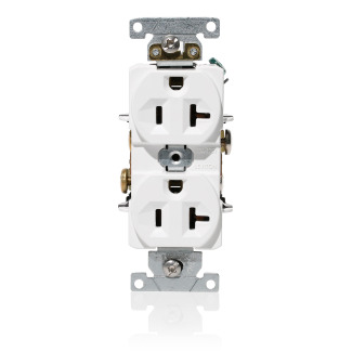 20 Amp, 125 Volt, NEMA 5-20R, 2P, 3W, Duplex Receptacle, Indented Face, Straight Blade, Fed Spec, Heavy Duty Industrial Specification Grade, Self-Grounding, Back & Side Wired, Steel Strap  WHITE