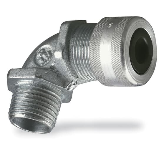 Liquidtight Strain Relief Connector, 3/4 Inch, 90 Degree Bend, Cord Range 0.500 to 0.750 Inch, Throat Diameter 25/32 Inch, Aluminum Body, Glandnut, and Grip, Rubber Bushing