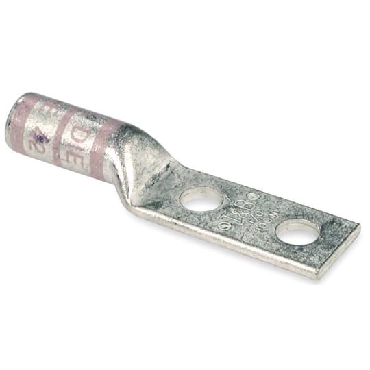 Copper Two-Hole Lug, Long Barrel, Blind End, Max 35kV, Wire Size 1/0 AWG, 3/8 Inch Bolt Size on 1 Inch Center, 3/4 Inch Hole Spacing, Tin Plated, Die Color Code Pink, Die Code 42
