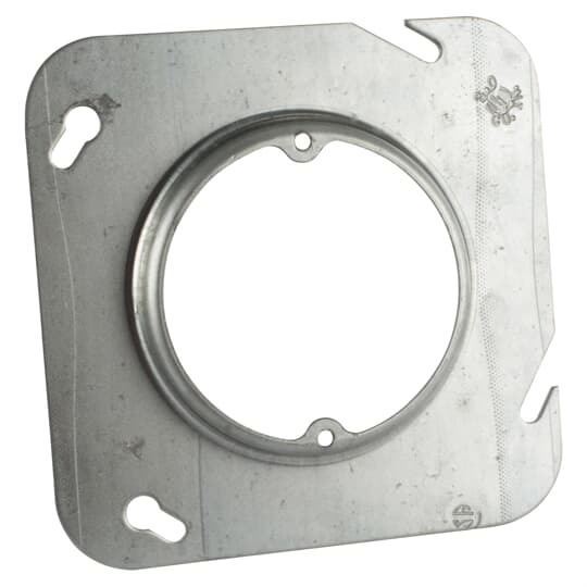 Square Box Cover, 3 Cubic Inches, 4-11/16 Inch Square x 1/2 Inch Raised, Pre-Galvanized Steel, Center Blanked with Tapped Ears on 2-23/32 Inch Centers