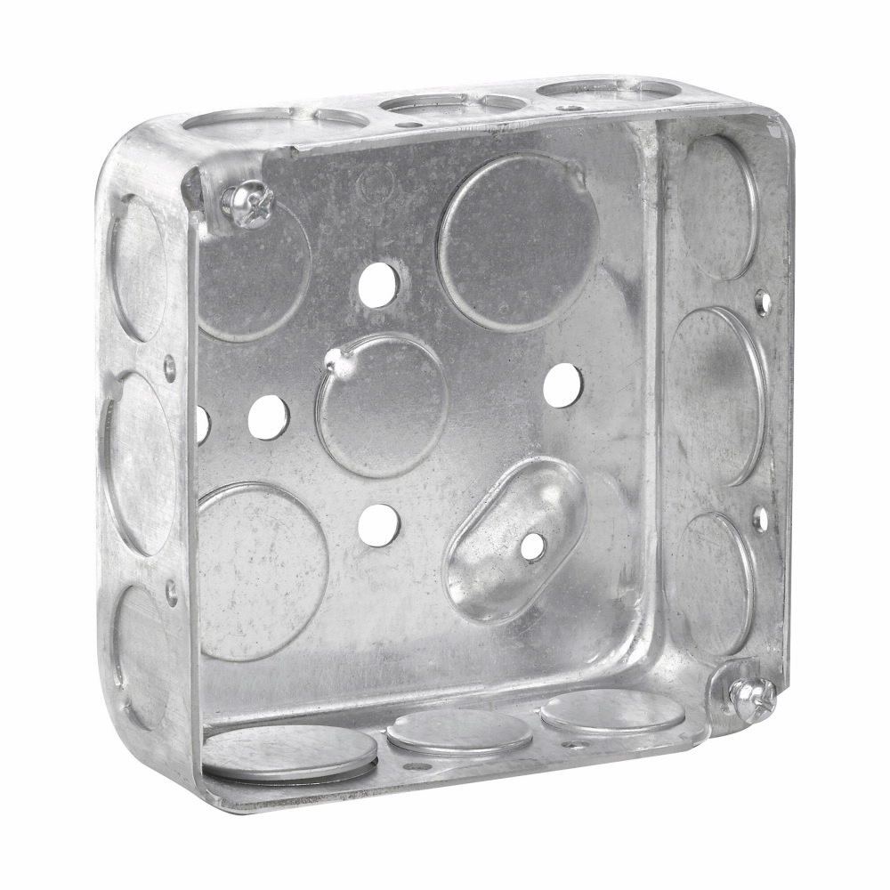 Eaton Crouse-Hinds series Square Outlet Box, (3) 1/2", (2) 3/4", 4", Conduit (no clamps), Drawn, 1-1/2", Steel, (8) 1/2", (4) 3/4", 22.0 cubic inch capacity