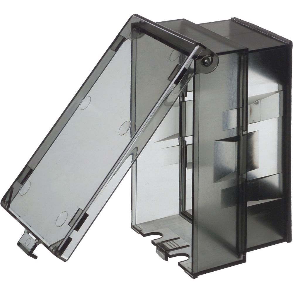 1 Gang Low Profile, IN and OUT cover for new and existing construction. Weatherproof in-use. Meets extra-duty code requirements when cord is plugged in. UV rated plastic. Vertical. Color - Clear. Has an installed oversized base for large openings or a 3-1/2" round outlet box