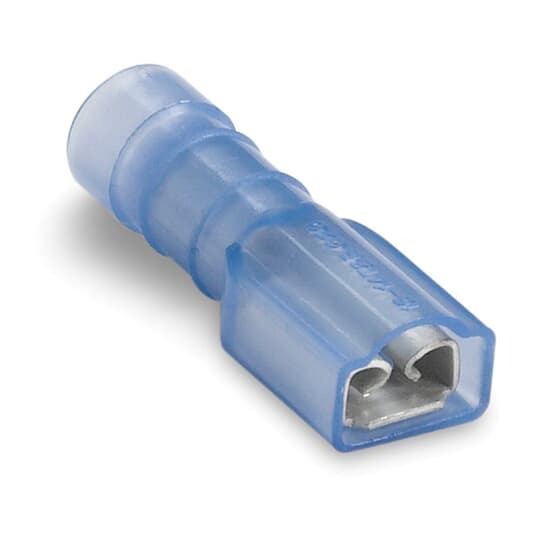 Nylon Fully Insulated Female Disconnect, Length .89 Inches, Width .30 Inches, Maximum Insulation .170, Tab Size .187x.020 Wire Range #16-#14 AWG, Color Blue, Copper, Tin Plated