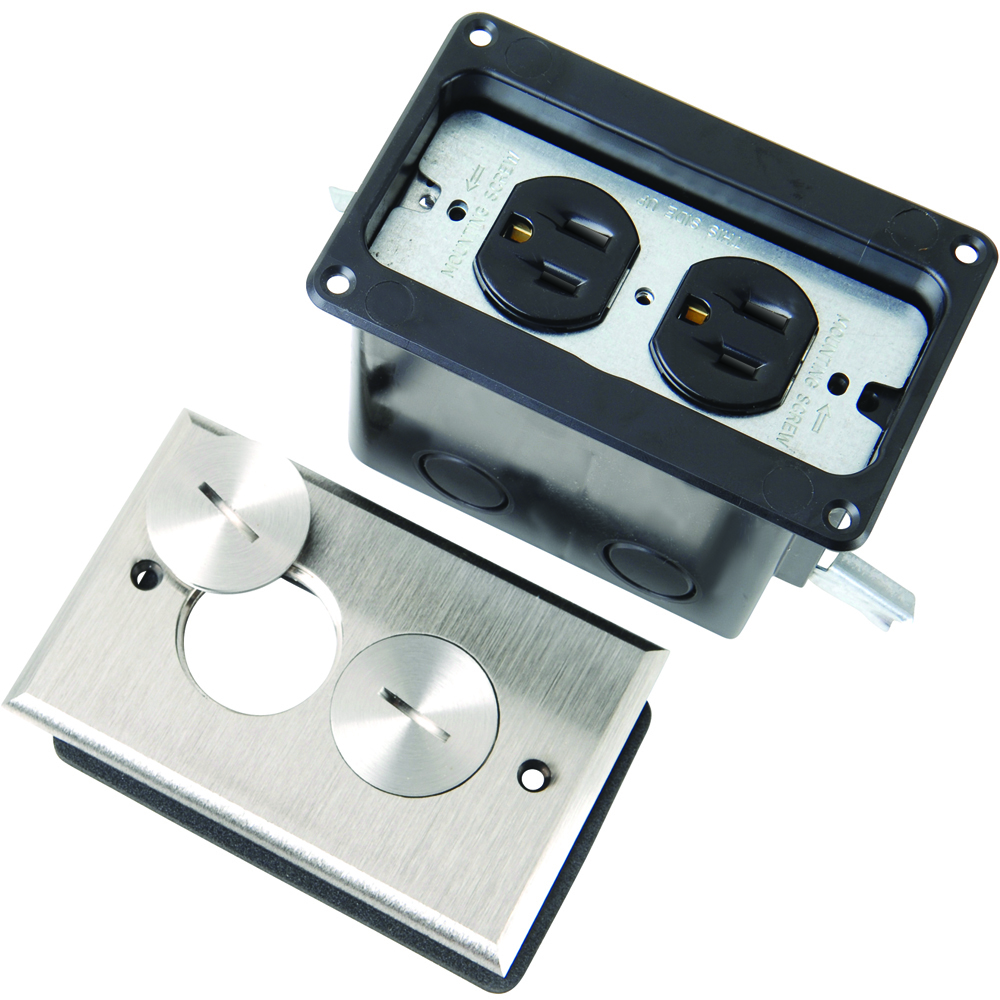 Tamper-Resistant Floor Box Assembly. #8 duplex opening. Two threaded screw plug,Includes 3232 15 amp, 125 volt tamper-resistant receptacle. Nickel.