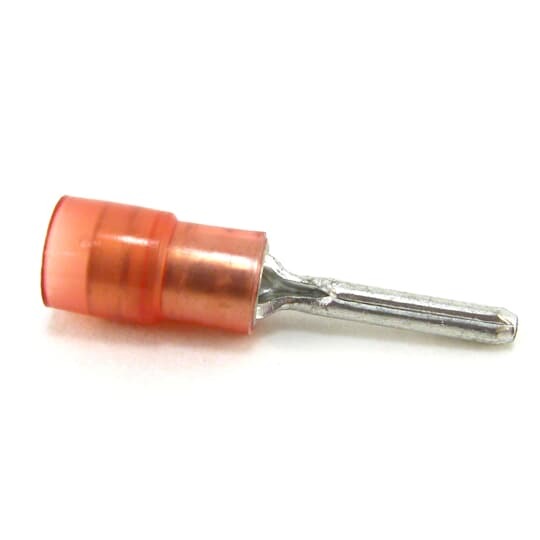 Nylon Insulated Pin Terminal, Length .85 Inch, Pin Length .39 Inch, Diameter .075 Inch, Wire Range #22-18 AWG, Color Red, Copper, Tin Plated
