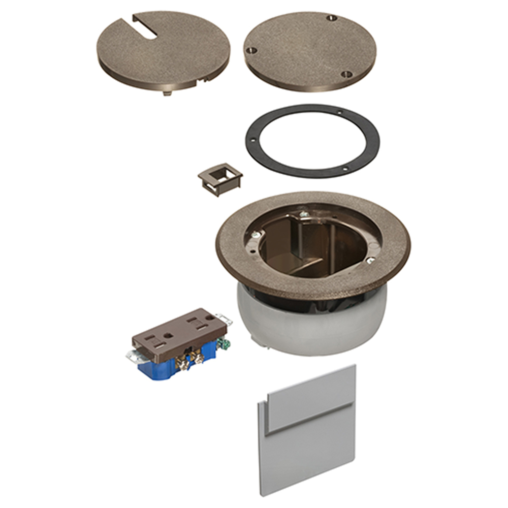IN BOX cover kit. recessed receptacle and low voltage keystone for new concrete. Installs in Arlington's FLBC4500 and FLBC4502 box. Non metallic. Color Brown.