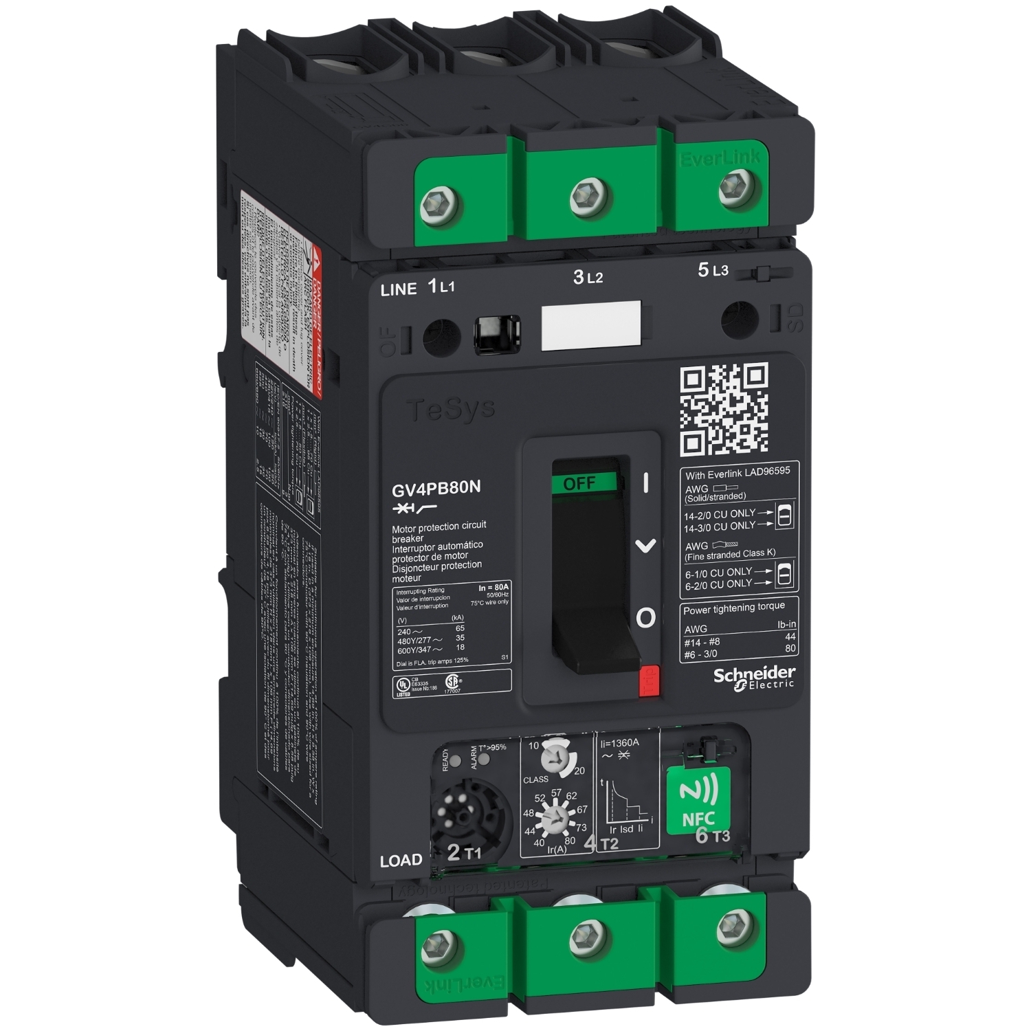 Motor circuit breaker, TeSys Deca, 3P, 80A, Icu 50kA, thermal magnetic, multifunction, UL489
